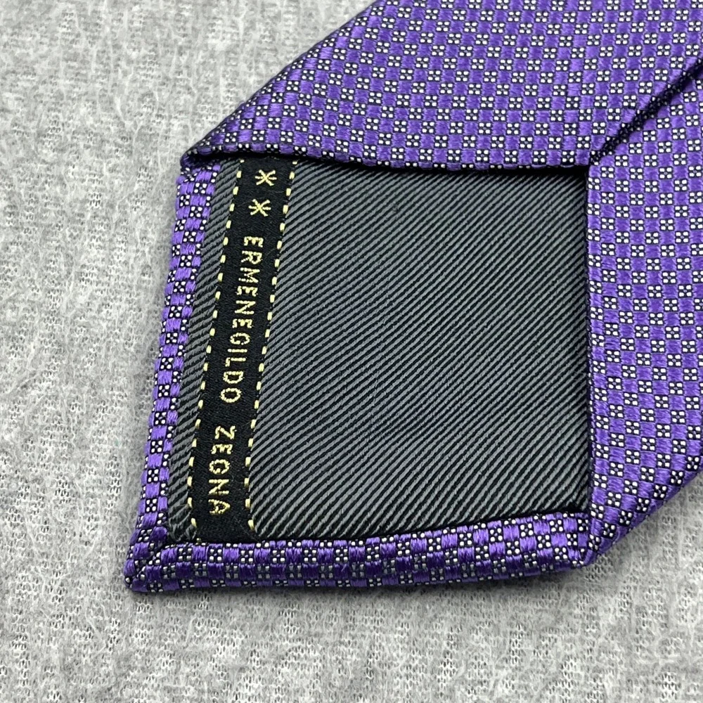 Ermenegildo Zegna Tie Mens Purple Mini Floral Check 100% Silk Italy Made Luxury